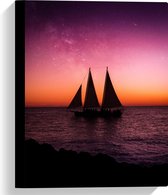 WallClassics - Canvas - Zeilboot op Zee met paars gele Lucht - 30x40 cm Foto op Canvas Schilderij (Wanddecoratie op Canvas)