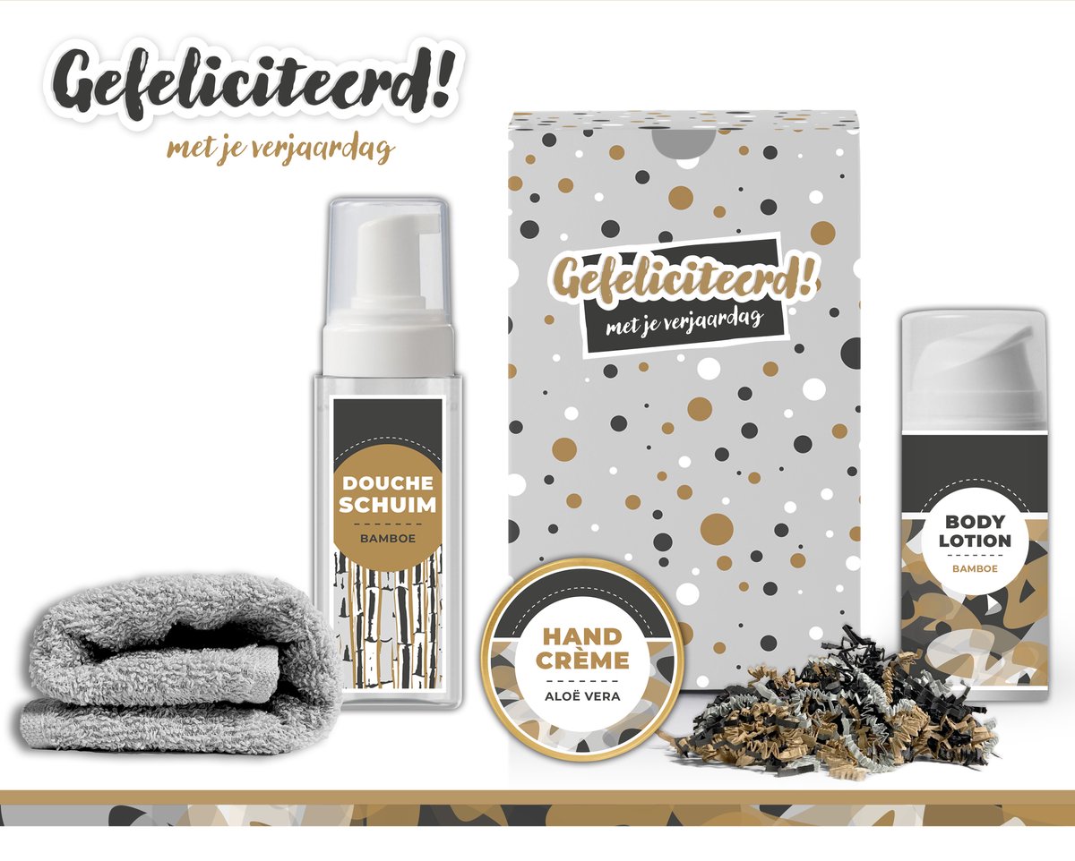 Goedkoopste Geschenkset Gefeliciteerd met je verjaardag - 4 producten - 330 gram | Giftset voor haar - Luxe wellness cadeaubox - Cadeau vrouw Gefeliciteerd - Geschenk Feestje - Cadeaupakket Bamboe - Gift Set -Moeder Vriendin Zus - Verjaardagscadeau - Grijs