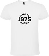 Wit T-Shirt met “Made in 1975 / 100% Original “ Afbeelding Zwart Size S