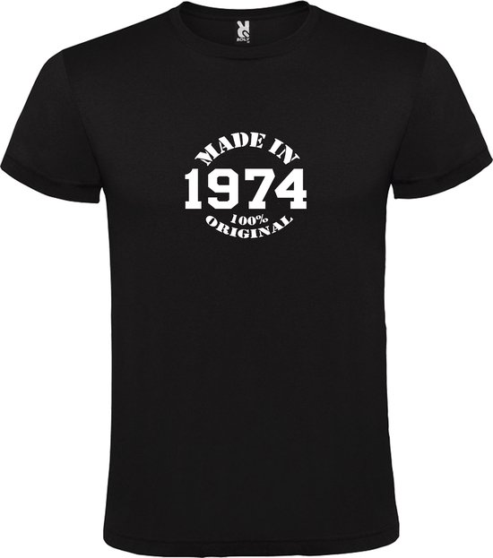 Zwart T-Shirt met “Made in 1974 / 100% Original “ Afbeelding Wit Size XL