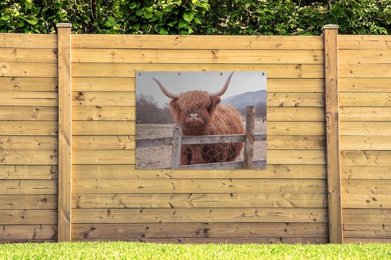 Affiche de jardin - Toile de jardin - Posters de jardin extérieur - Highlander écossais - Herbe - Clôture - 120x90 cm - Jardin