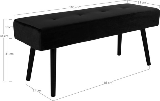 Banc Skiby en velours noir - 100x35x44 cm - House Nordic - Meubles d'assises - Noir - Velours - Meubles d'assises