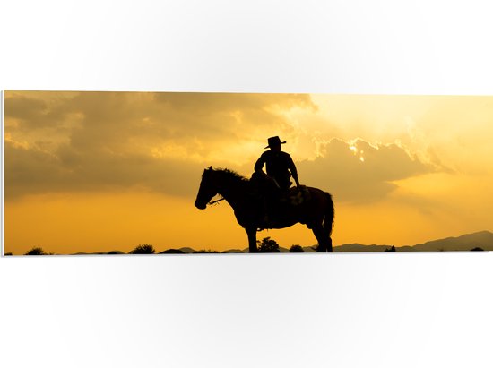 PVC Schuimplaat - Silhouet van Cowboy op zijn Paard tijdens Mooie Zomerse Zonsondergang - 90x30 cm Foto op PVC Schuimplaat (Met Ophangsysteem)
