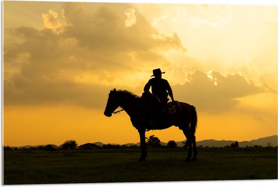 Acrylglas - Silhouet van Cowboy op zijn Paard tijdens Mooie Zomerse Zonsondergang - 90x60 cm Foto op Acrylglas (Met Ophangsysteem)