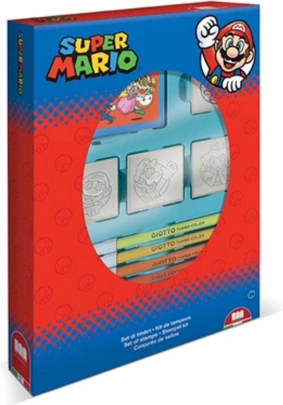 Doos met Super Mario stempels, met afbeeldingen van Mario, Luigi en Prinses Peach. Blauw met rode opdruk.