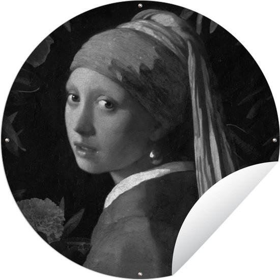 Tuincirkel Het meisje met de parel - Johannes Vermeer - Zwart - Wit - 90x90 cm - Ronde Tuinposter - Buiten