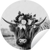 Tuincirkel Schotse hooglander - Bloemen - Zwart - Wit - 120x120 cm - Ronde Tuinposter - Buiten XXL / Groot formaat!
