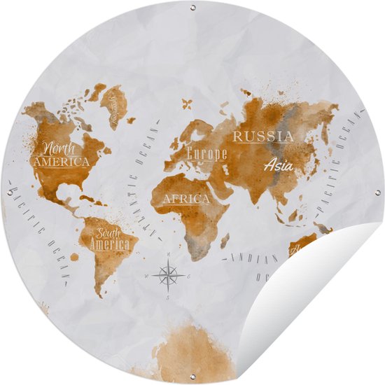 Tuincirkel Kaart - Goud - Wereld - 60x60 cm - Ronde Tuinposter - Buiten