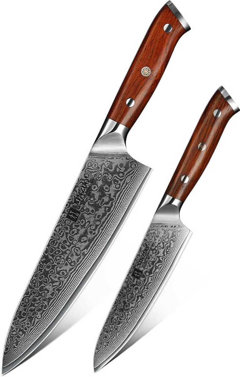 Luxe en Professionele 2-delige Keukenmessen-set van Damascus Staal (67 lagen VG10) en Rozenhouten handgrepen