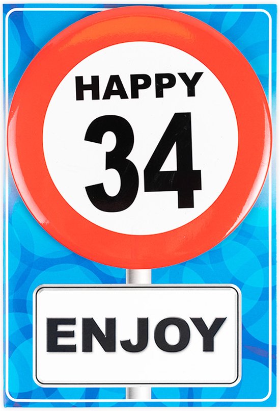 Happy age kaart 34 jaar (wenskaart met button)