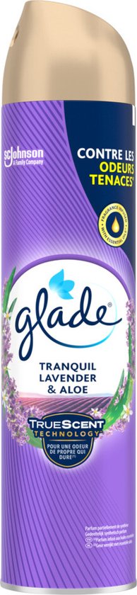 Glade luchtverfrisser spray, Tranquil Lavender & Aloe. Paarse spuitbus met lavendel.