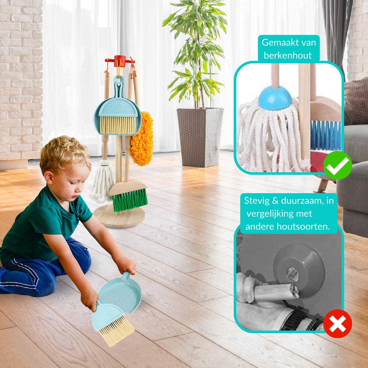 Buxibo Kinder Schoonmaak Set - Houten Huishoudelijke Gereedschap - Mini Bezem, Stoffer, Mop - Montessori Speelgoed - Multicolor — afbeelding 12