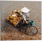 WallClassics - Dibond - Uitzicht op Vietnamese Goederen Bezorger op Fiets - 50x50 cm Foto op Aluminium (Met Ophangsysteem)