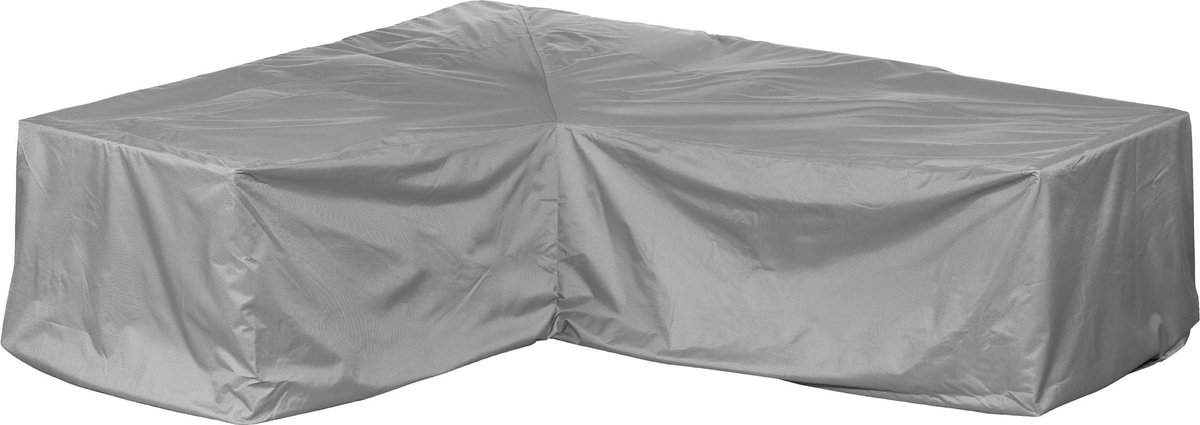Mehr Garten Beschermhoes voor loungeset L-vorm asymmetrisch | 255 x 195 x 80 cm | lange zijde gezien van links in zittend perspectief | polyesterweefsel, Kleur: taupe (lichtgrijs) Gris