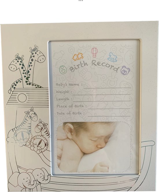 Fotolijst baby geboorte gegevens in wit met zilver met de dieren van de ark van Noah van Impressions by Juliana