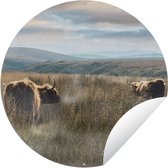 Tuincirkel Schotse Hooglanders - Mist - Gras - 120x120 cm - Ronde Tuinposter - Buiten XXL / Groot formaat!