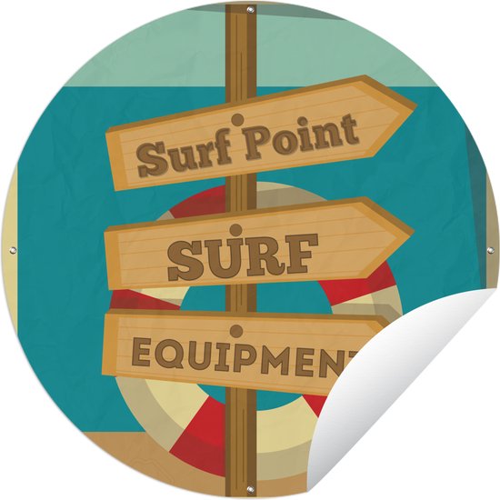 Tuincirkel Illustratie 'surf point, surf equipment' en een reddingsboei - 120x120 cm - Ronde Tuinposter - Buiten XXL / Groot formaat!