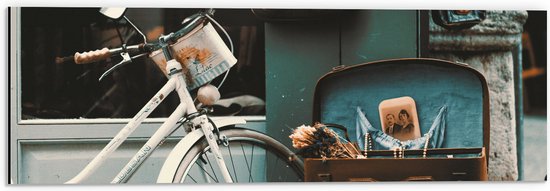 WallClassics - Dibond - Witte geparkeerde Fiets - 60x20 cm Foto op Aluminium (Wanddecoratie van metaal)