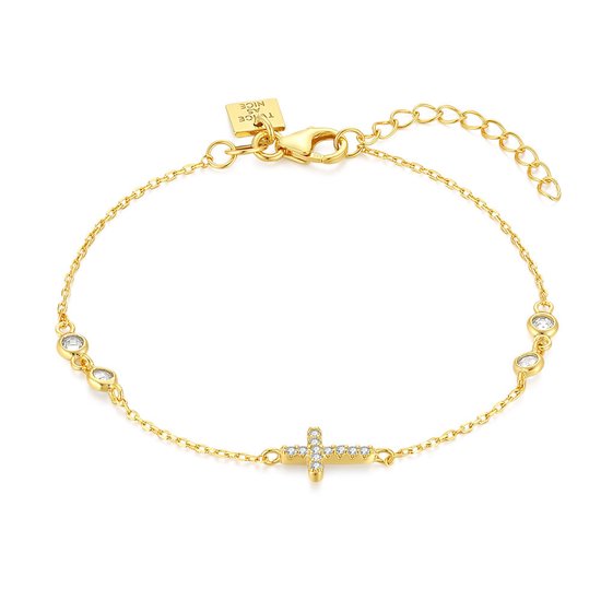 Bracelet Twice As Nice en argent plaqué or 18 carats, croix zircone, 4 zircones 16 cm+3 cm