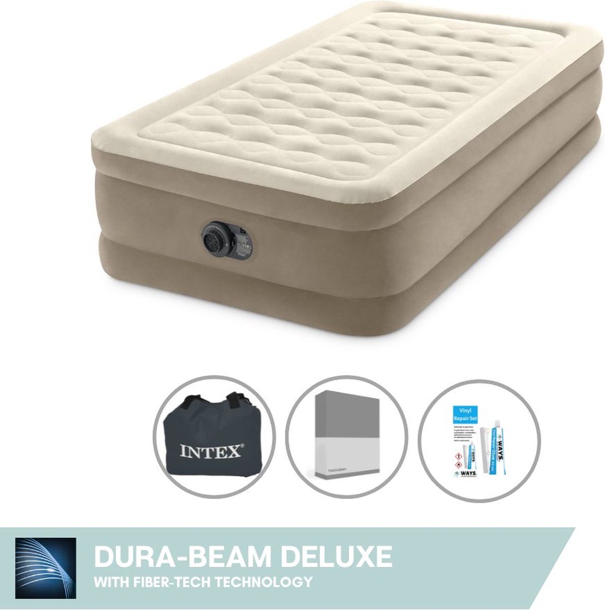 Intex Luchtbed - 1-Persoons - 99 x 191 x 46 cm - Beige - Met ingebouwde pomp Hoeslaken Antraciet en Reparatieset