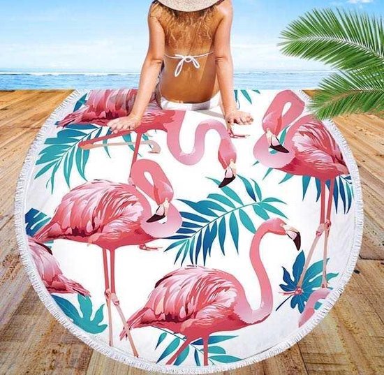 Strandlaken rond 150cm - strandkleed rond - Flamingo bladeren