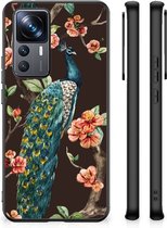 Siliconen Back Cover Xiaomi 12T | 12T Pro Telefoon Hoesje met Zwarte rand Pauw met Bloemen