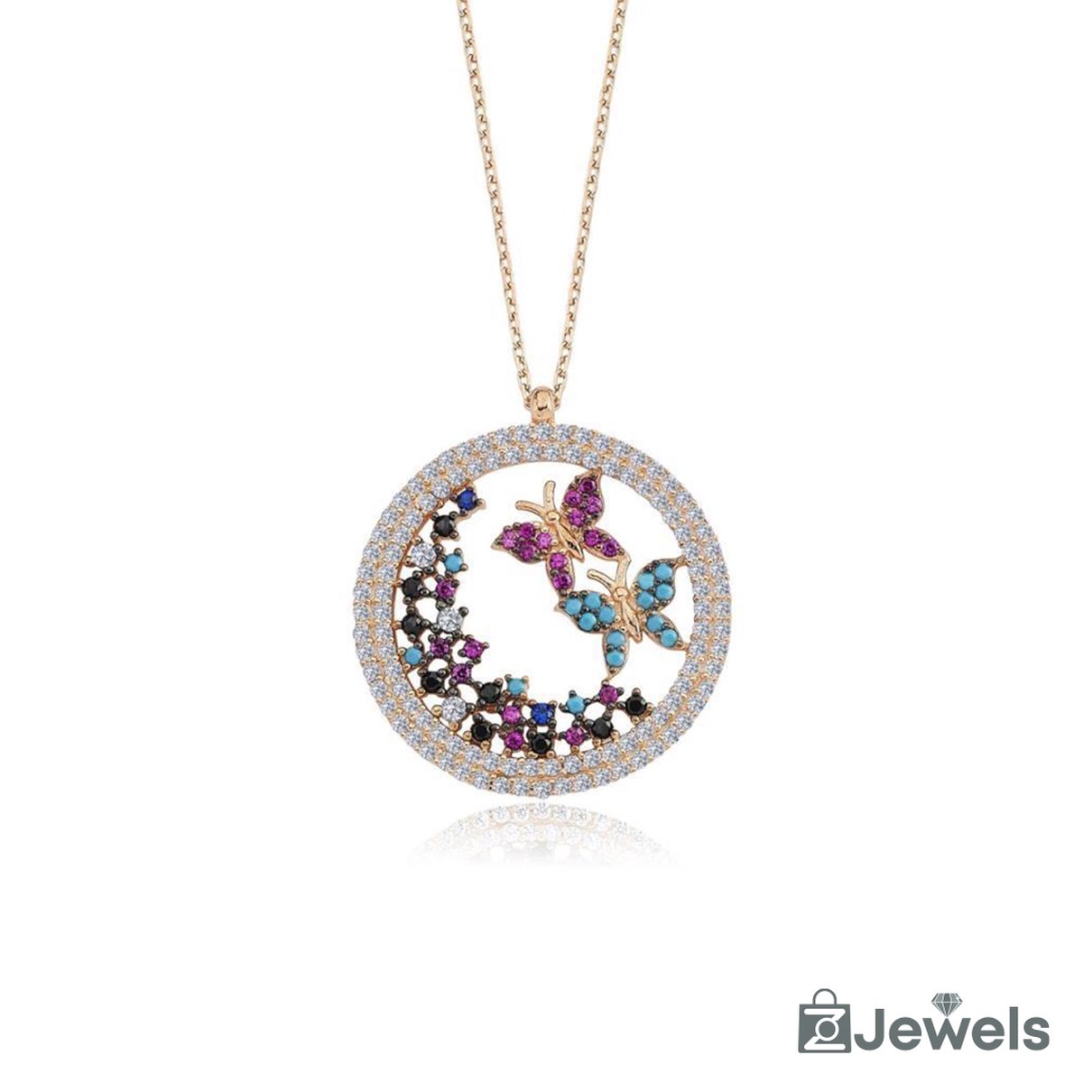 OZ Jewels – Lentevlinder Ketting – Roségoud – Kleurrijk – Zilver – Dames