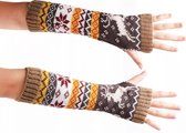 New Age Devi - Polswarmers met rendieren - Scandinavische winter armwarmers Geel - Gebreide vingerloze lange handschoenen - Dames