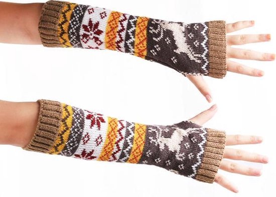 New Age Devi - Polswarmers met rendieren - Scandinavische winter armwarmers Geel - Gebreide vingerloze lange handschoenen - Dames