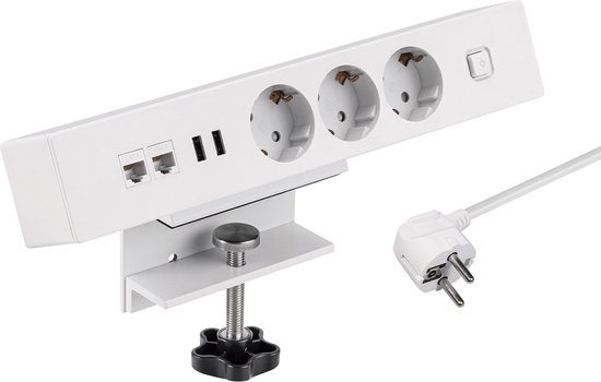 Multiprise MaxTrack avec 3 contacts, 2x USB et 2x RJ45 - pour bureau /  blanc - 1,8 mètres
