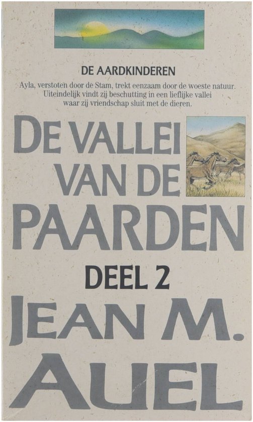 Boekomslag 'De Vallei van de Paarden, Deel 2' door Jean M. Auel, met een afbeelding van paarden in een vallei.