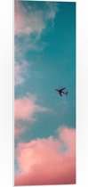 WallClassics - PVC Schuimplaat- Vliegtuig vliegend tussen Roze Wolken met Zon - 30x90 cm Foto op PVC Schuimplaat