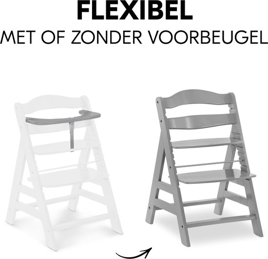 Flexibele grijze kinderstoel, met en zonder voorbeugel.