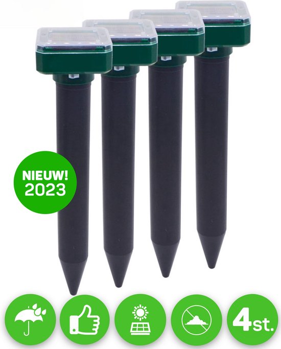 Vulpes Verjager® Mollenverjager - 4 stuks - Muizenverjager - Mollenbestrijding - Werkt op zonne-energie - Waterdicht - Diervriendelijk - Strakke tuin, gazon of perceel!
