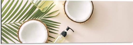 Dibond - Cosmetica Flesjes met Palmblad en Kokosnoten - 90x30 cm Foto op Aluminium (Met Ophangsysteem)