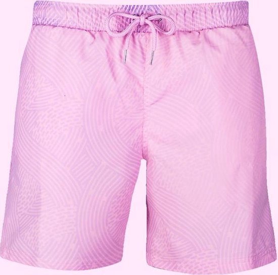 Roze zwembroek met abstracte print en trekkoord, wit gestreept.