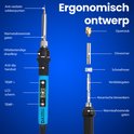 Detailweergave van de blauwe soldeerbout met uitleg van de onderdelen zoals anti-oxidatie soldeertip, LCD-scherm en ergonomisch handvat.
