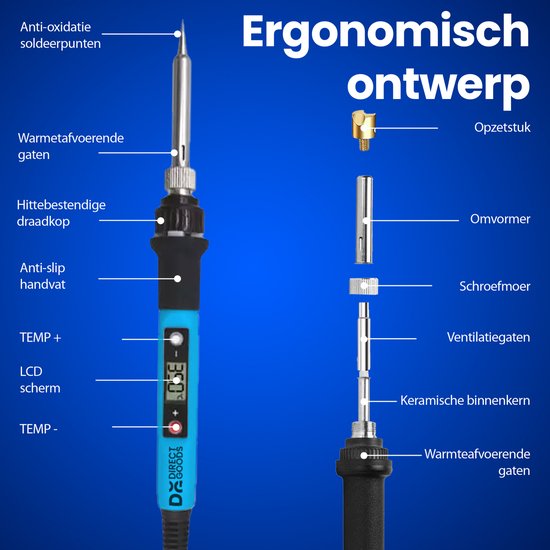 Detailweergave van de blauwe soldeerbout met uitleg van de onderdelen zoals anti-oxidatie soldeertip, LCD-scherm en ergonomisch handvat.