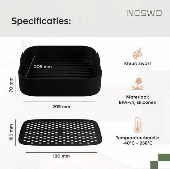 Noswo Airfryer Siliconen Bakje - Set van 4 Inclusief Wanten - 20.5x20.5 cm - Bakpapier Alternatief - Accesoires - Mand - Bakvorm - XXL - Noswo