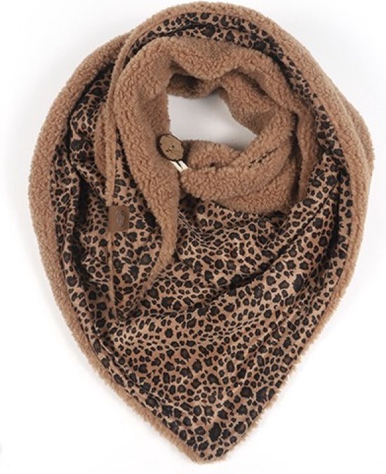 Vachtsjaal Nila – Teddy – Omslagdoek – Sjaal met knoop – Panter/Camel – 2 zijden draagbaar
