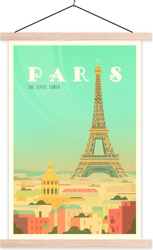 Posterhanger incl. Poster 60x90 cm - Schoolplaat - Illustratie van de Eiffeltoren in Parijs - Textielposter - Blanke latten