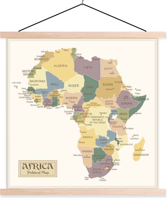 Posterhanger incl. Poster - Schoolplaat - Kaart van Afrika retro - 60x60 cm - Blanke latten