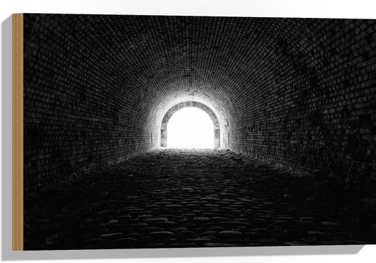 WallClassics - Hout - Donkere Tunnel - 60x40 cm - 9 mm dik - Foto op Hout (Met Ophangsysteem)