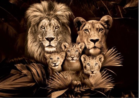Peinture sur verre - Animaux - 120x80 cm - Famille Lion - Lion - 3 Lionceaux - Ter Halle