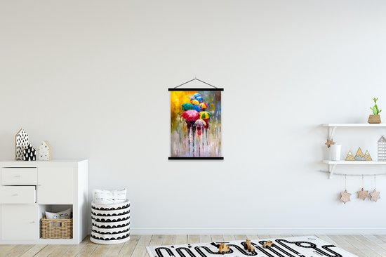 Porte-affiche avec affiche - Affiche scolaire - Peinture - Parapluie - Peinture à l'huile - 60x80 cm - Lattes noires