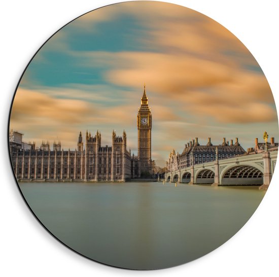 WallClassics - Dibond Muurcirkel - Big Ben aan het Water - Londen - 40x40 cm Foto op Aluminium Muurcirkel (met ophangsysteem)