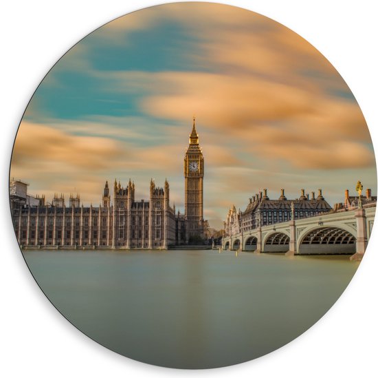 WallClassics - Dibond Muurcirkel - Big Ben aan het Water - Londen - 80x80 cm Foto op Aluminium Muurcirkel (met ophangsysteem)