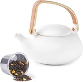ZENS theepot porselein wit, Japanse kan met zeef voor losse thee, 800ml mat Chinees theepotje met modern gebogen houten handvat