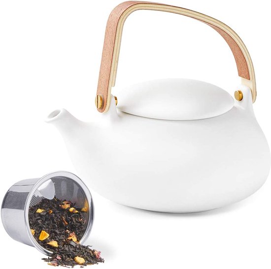 Yundu Keramische theepot met zeef 1,5 liter - mat zwart, grote theepot voor losse thee met houten deksel