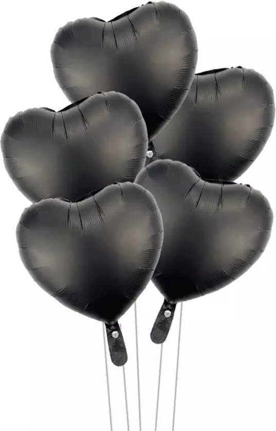 Hart Folie Ballon - Harten Ballonnen - Ballonnen set - 5 Stuks Ballonnen - 18 Inch - Mat Zwart Ballon - Valentijn Versiering - Metallic Ballon - Valentine - Decoratie - Jubileum - Verjaardag - Helium Ballon - Zwarte ballonnen